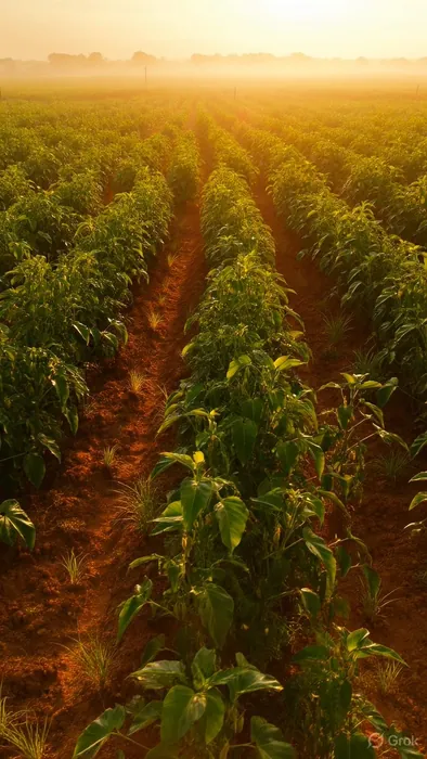 Groundnut fields glowing at golden sunrise