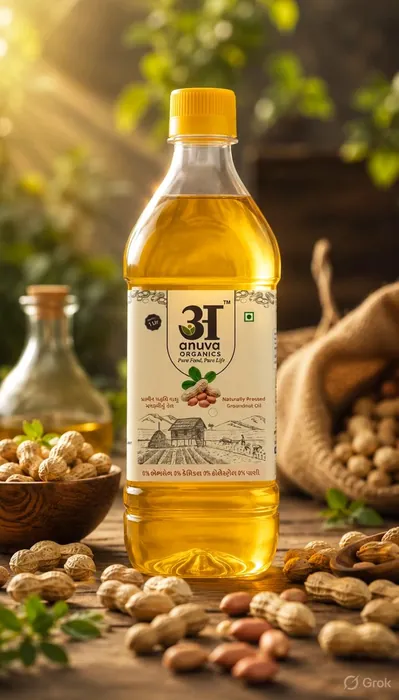 Anuva Classic Bottle on a sunlit wooden table with fresh groundnuts